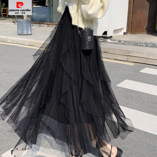 皮尔卡丹（pierre cardin）【1476人收藏】钉珠网纱纱裙半身裙2025新款高腰仙女不规则中长款 杏订珠 S