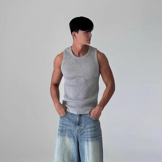 I am David gray quick-drying vest men's summer American thread elastic slim knitted t-shirt sports fitness training T-shirt gray L