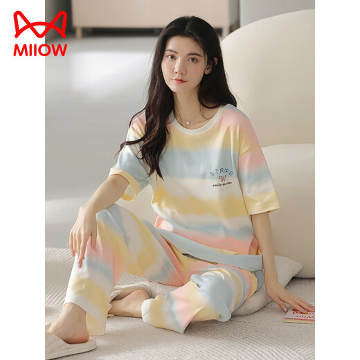 猫人（MiiOW）夏季女士短袖睡衣套装100纯棉长裤家居服全棉可外穿夏天条纹卡通 Y9712 M (建议75-95斤)