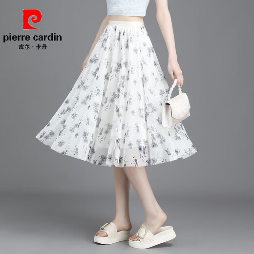Pierre Cardin 2025 Sommer neuer Blumenrock für Frauen mit kleinem frischem Kurzrock mit großem Sway-Mesh-gedrucktem A-Line Slim Chiffon Midrock New Stoff Chiffon (9906-1) Eine Größe (elastische Taille)
