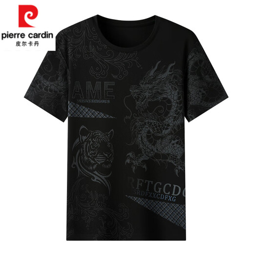 皮尔卡丹（pierre cardin）丝光棉圆领短袖T恤男士印花冰丝半袖上衣服高端薄款潮流男装汗衫 759龙年限定【黑色】 M 165/ 建议90-110斤