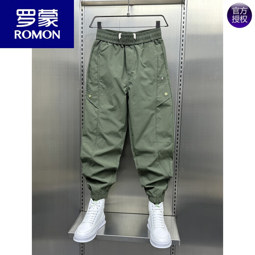 ROMON American workwear casual pants for men's summer thin splicing sports nine-point pants Japanese fashion Harren tying pants trend Military green 29 Weight 100--120Jin [Jin equals 0.5 kg]