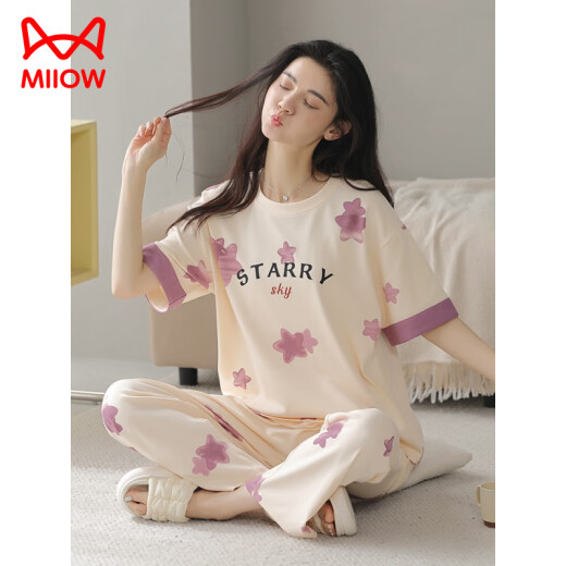 猫人（MiiOW）夏季女士短袖睡衣套装纯棉全棉长裤家居服春秋薄款春秋天可外穿 Y9713 M (建议75-95斤)
