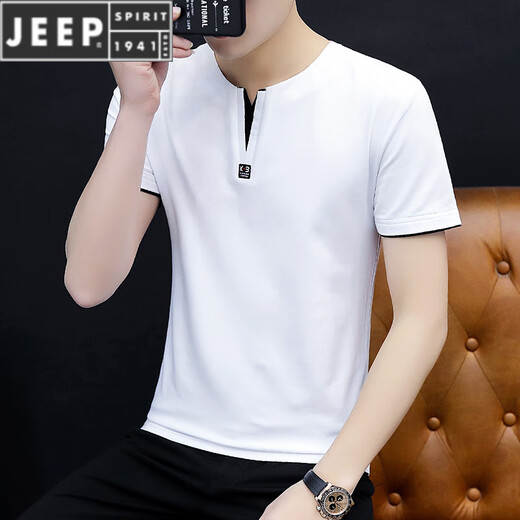 
JEEP SPIRIT summer new men's short-sleeved solid color slim chicken heart collar T-shirt cotton V-neck half-sleeved cool boys T-shirt trendy brand QY-691 V-neck-white XL 120-135Jin [Jin equals 0.5 kg]