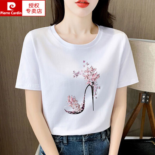 皮尔卡丹（pierre cardin）浅粉色纯棉短袖t恤女士宽松气质减龄印花半袖夏装2025年新款上衣 6195白色 短袖 M (建议80-105斤)