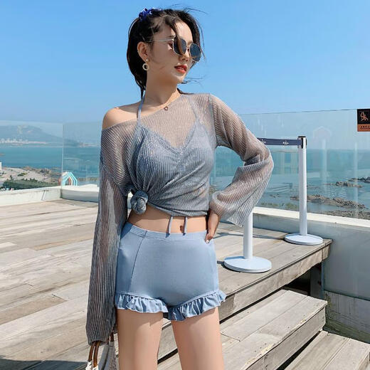 NJSKAKW泳衣女韩国ins性感分体平角比基尼三件套长袖舒适仙女范学生泳装 9717白加黑 S