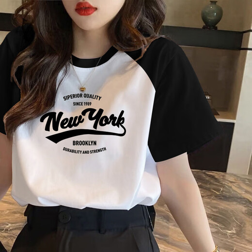 
Simple direction black and white contrasting raglan sleeves pure cotton short-sleeved T-shirt for women 2025 new European summer loose shoulder half-sleeved top 1585 white/black raglan short-sleeved pink print One size S