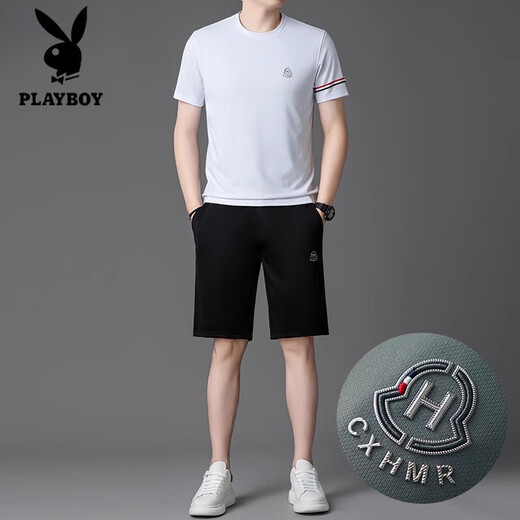 花花公子（PLAYBOY）品牌高档冰丝套装男夏季2025新款速干短袖短裤跑步休闲运动服 白色套装【13603-1】 M 165 【适合体重100-120斤】