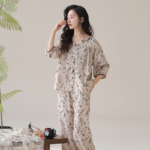 力婷睡衣女士夏季天丝棉七分袖九分裤V领开衫薄款大码妈妈家居服套装 BNF1342 XL 适合120-140斤