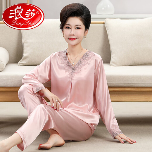 Langsha (Langsha) Pajamas de mère pour femmes en 2025 Nouveaux vêtements de soie à manches longues à manches longues confortables pour les personnes d'âge moyen et les personnes âgées peuvent être portées en dehors de la couleur de champagne 683 (long style) M recommandé 80-95 Jin [Jin est égal à 0,5 kg]