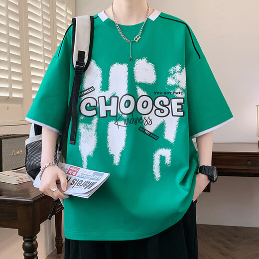 COLORFUL GEMS美式复古假两件恤男青少年字母印花叠穿体恤 695黑色 M 约85-110斤可穿