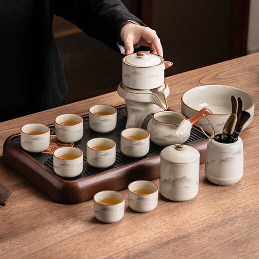Porcelain brand tea set Guanshan automatic tea set complete set Ru kiln tea infuser complete set home gift Kung Fu tea set drainage tea tray set <Shui Mo Guan Shan> automatic tea set eight cups + tea tray