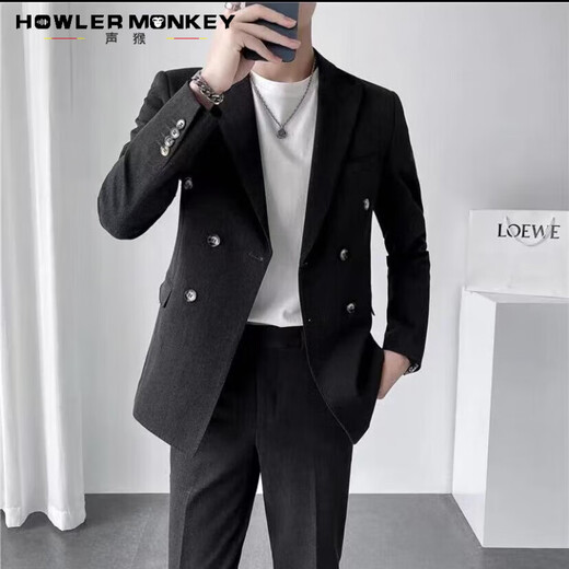 Sound Monkey men's suit suit double-breasted casual suit wedding dress slim and high-end suit jacket men British style suit + white long-sleeved shirt + trousers three-piece suit XL