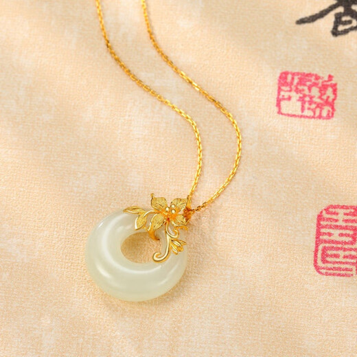 He Jiagong Lao Phoenix 999 Gold Pure Gold Inlaid Jade Pendant Female Jade Cui Hetian Jade Peace Buckle 3D Necklace Hetian Jade Pendant Single Pendant (Necklace Not Included) Lao Feng