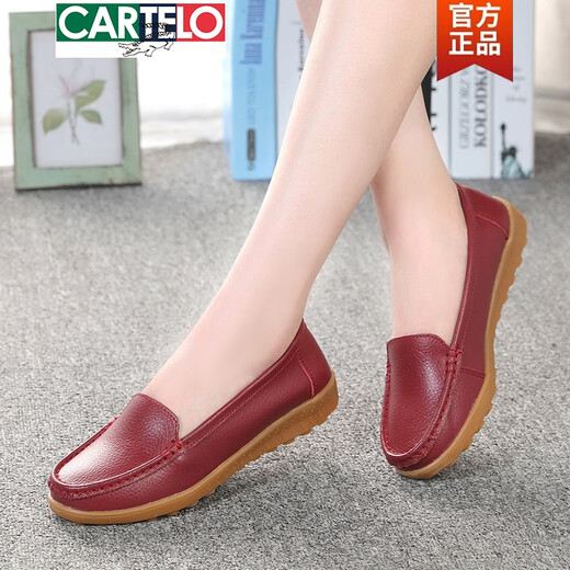 Cartelo Spring Flat Shoes For Women Genuine Leather Soft Sole Show Mother Shoes Breathable Mujer zapatos Single Beans Zapatos Gran tamaño de tendón de carne Suela casual de mujeres embarazadas 6629 gris hueco 37