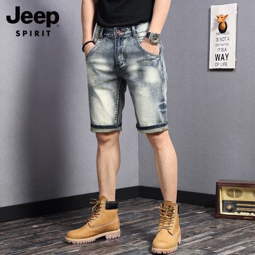 JEEP SPIRIT吉普夏季新款牛仔短裤男高端ins重磅薄款休闲弹力五分裤潮流中裤 826水洗蓝 28 【适合体重95-109斤  】