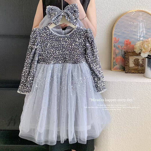 皮尔卡丹（PIERRE CARDIN）儿童礼服公主裙夏季洋气蓬蓬纱花童婚礼小女孩主持人钢琴演出亮片 9922短袖白色 背心送皇冠 110 cm