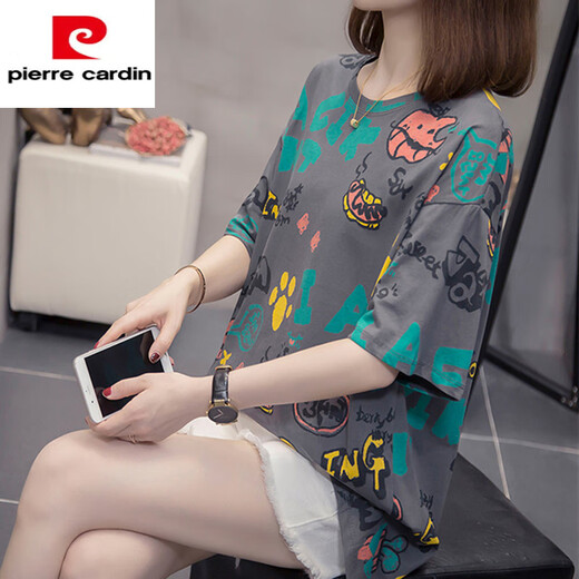 Pierre cardin (pierre cardin) larger size to cover the belly and make it look slim top for women 2025 summer new fat mm casual loose cotton short sleeve t 6630 green M about 80-95