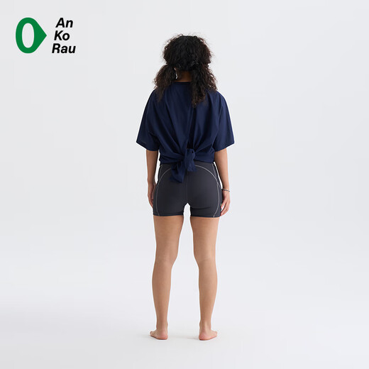 AnKoRau Women's New Yoga Pilates Loose Short-Sleeved T-shirt with Back Slit and Can Be Tie | AnKoRau Navy Blue 69 S