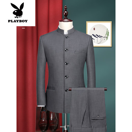Playboy (PLAYBOY) high-end tunic suit men's formal Chinese stand collar suit men's Chinese wedding dress Chinese style suit Chinese stand collar white single top L 175 weight 125-135 Jin Jin equals 0.5 kg