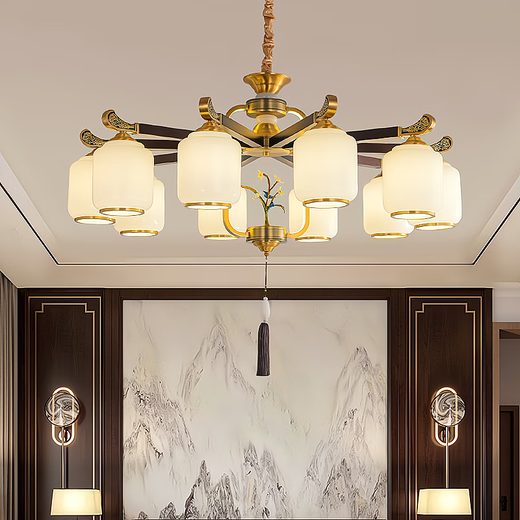 2025 Nuevo estilo NUEVO Estilo Downward All Copper NUEVA ALMA DE ALMA DE ALIMENTO DE COLLO CHANDELier Estilo chino Restaurante de té de villa atmosférica de alta gama Restaurante 9889-10 CABEZA DE COPPUL