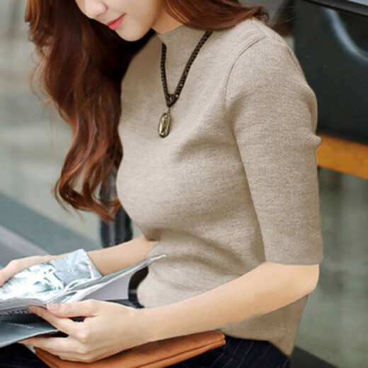 
COLORFUL GEMS new fashionable knitted sweater spring and autumn five-point sleeve base shirt women's clothing 2025 9901-Khaki-five-point sleeve S