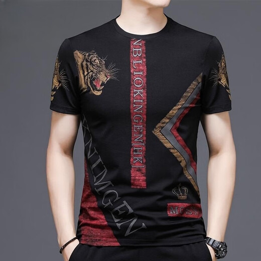 Su Lai clothes with tiger head pattern for men's summer print loose ice silk half-sleeved men's thin ice-feel short-sleeved T-shirt 829 striped letters black short-sleeved M 165/M recommended 95-120 Jin Jin equals 0.5 kg
