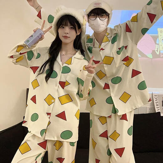 Colorful Gems Crayon Shin-Shin-Same Couple Pyjamas Pyjamas Spring et automne à manches longues mignonnes Cartoon Étudiant Door Home Vêtements Home 5155 # Couple Geometric Shin-Shin-Beige [Version] M Femmes [75-100jin [Jin est égal à 0,5 kg]]]