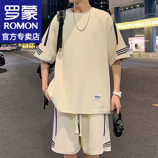 罗蒙（ROMON）港风短袖t恤男士夏季新款休闲运动套装宽松半袖男T上衣服男装 FKS653白色套装 L 约110-130斤可穿