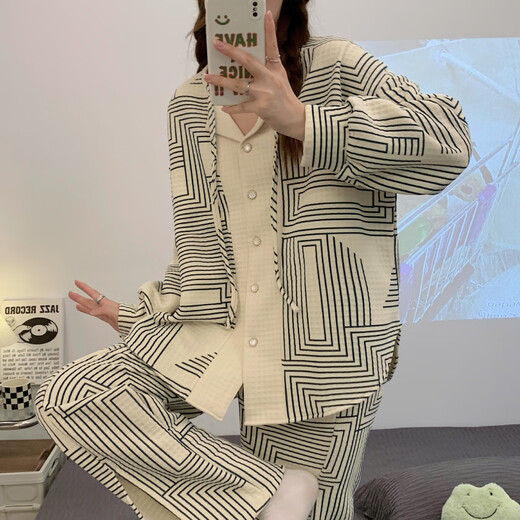 雅鹿睡衣女秋冬季纯棉长袖空气夹层套装2024年新款家居服感夹棉加 9856女白色 M -