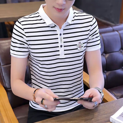 丨Lilang丨[Brand code breaks and picks up bargains] New summer men's short-sleeved T-shirt Korean striped T-shirt POLO. Shirt 159 brown M 80-105Jin [Jin equals 0.5 kg]