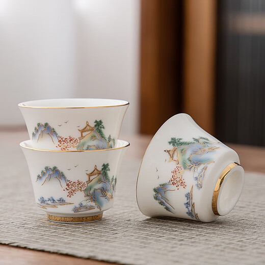 Large gold inlaid jade mutton fat jade porcelain tea set complete set of white porcelain Kung Fu tea set gift box Shanshui Qingyin