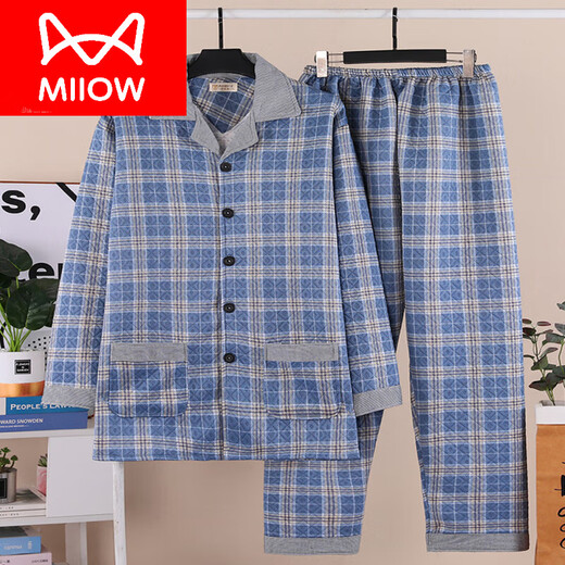 猫人（MiiOW）高档保暖棉服秋冬款男士睡衣纯棉夹层空气棉加厚长袖中老年家居服 6621棕红色 L 【建议90-120斤】