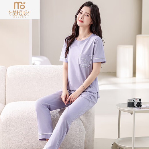 
Modal pajamas for women in summer thin 2025 new pure cotton short-sleeved trousers home clothing set summer cotton can be worn outside 7374 bean green M 80100Jin [Jin equals 0.5 kg]