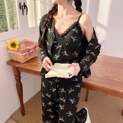 
RONGXITU Spring, Summer and Autumn Women's V-neck Long-sleeved Pajamas Home Clothing Set Can Be Used for Outdoor Leisure with Chest Paddy Paddy Paddy Paddy Pack Three-piece Set WX13803 Black (with Chest Pad) 170 M (80-100Jin [Jin equals 0.5 kg])