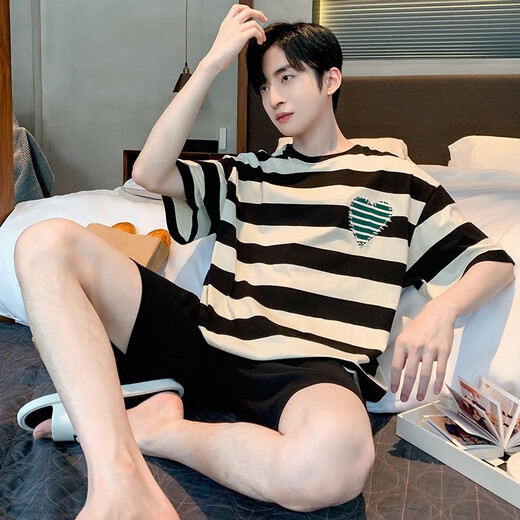 Modal solid color cotton pajamas men's summer short-sleeved teenagers thin cotton summer large-size home clothes pajamas set D1990 (A679) M (recommended 80-115Jin [Jin equals 0.5 kg])