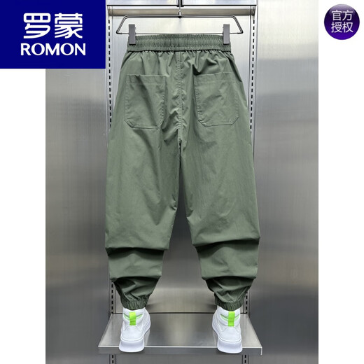 ROMON American workwear casual pants for men's summer thin splicing sports nine-point pants Japanese fashion Harren tying pants trend Military green 29 Weight 100--120Jin [Jin equals 0.5 kg]