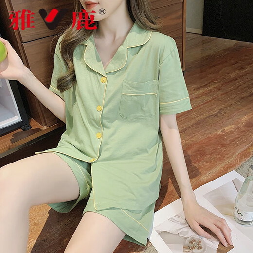 雅鹿夏天冰丝棉睡衣女短袖短裤套装学生宿舍可外穿时尚家居服网红 JEM-653绿色【亏本活动价】 2XL (适合135-155斤)
