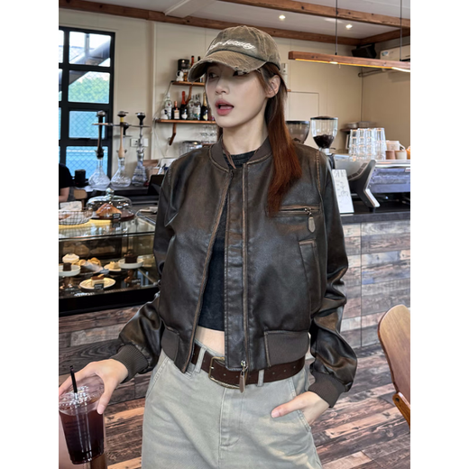 罗蒙品牌手工擦色美式短款机车皮衣夹克女新款复古拉德外套皮夹克百搭 深棕色 2XL 133-145斤