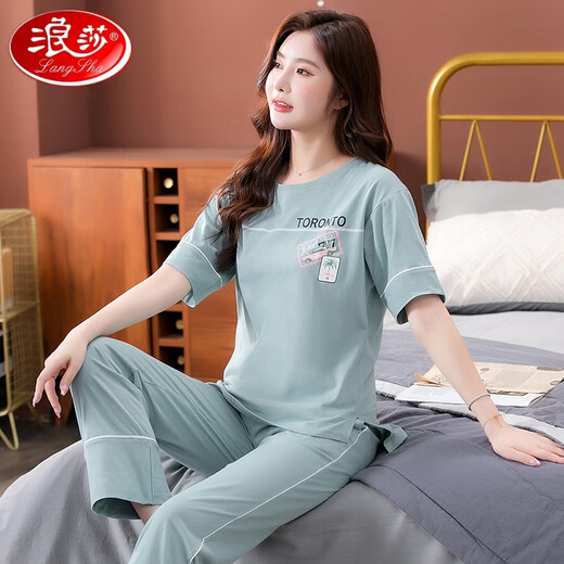 Langsha Pyjamas haut de gamme pour femmes coton pur 2025 Nouveau pantalon à manches courtes vêtements pour la maison pour le costume de coton mince 7374 Green M 80-100jin [Jin est égal à 0,5 kg]