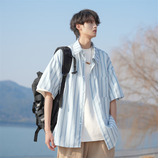 
Maitu striped short-sleeved shirt for men summer thin 2025 new loose casual men student versatile shirt jacket off white M