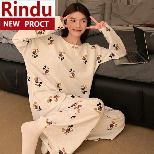 Rindu2025 neuer langärmeliger Pyjama für Frauen im Frühling und Herbst Großgröße süßer studentischer Cartoon Rundes Hals kann außerhalb von Heimkleidung getragen werden 16818# Wave Dog M.