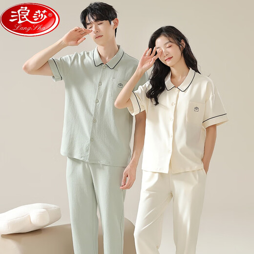 
LangSha couple pajamas women's 2025 new spring pure cotton short-sleeved men's cotton large-size summer home clothing set NSN12503 women 12603 men M women + men's L