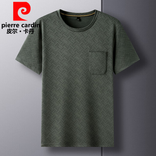 皮尔卡丹（pierre cardin）夏季爸爸短袖T恤男士冰丝圆领休闲口袋上衣中年透气宽松大码半袖 TC-短袖-687军绿 XL 175/135-155斤