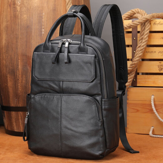 KPV Herrener echter Leder -Rucksack großer Kapazität Geschäftsreise -Computer -Rucksack neuer Stil 9196 Schwarz
