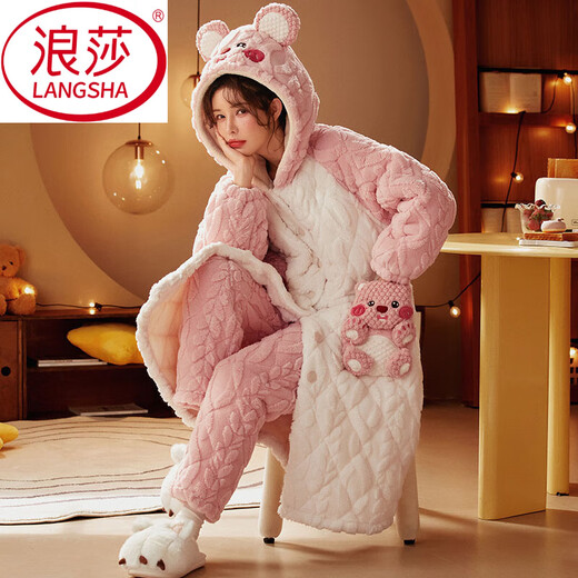 浪莎（LangSha）2024新款加绒加厚珊瑚绒三层夹棉秋冬季小海狸睡衣睡袍家居服套装 6218JI 大耳狗小熊 蓝色.. M
