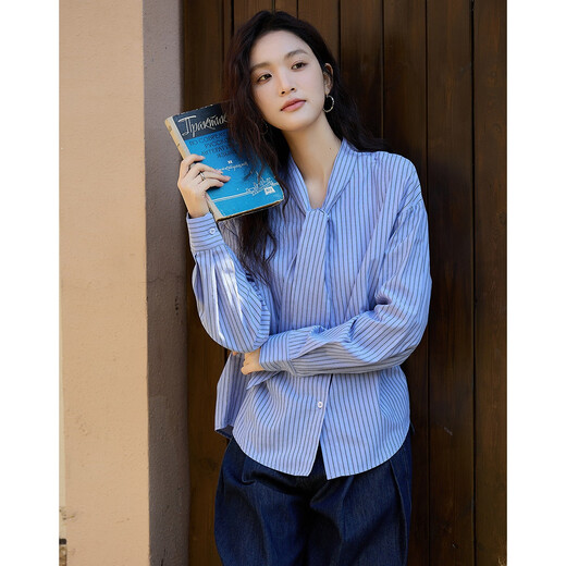 Demana, Korean-style Omni, spring gentle cloud-like cotton collared striped shirt, hidden flesh shirt, women's top