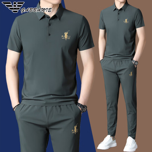 FALAMONE阿玛尼高端免烫2025春秋新款运动套装男桑蚕丝中年翻领一套休闲服 【826灰绿】夏季套装 M 165建议98-120斤