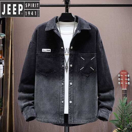 Jeep Spirit La chaqueta de mezclilla de la camisa de manga larga para hombres y la solapa de trabajo de gama alta de otoño, la marca de trabajo de moda suelta civil fina 6623 negro m 95-115jin [Jin es igual a 0.5 kg] se puede usar