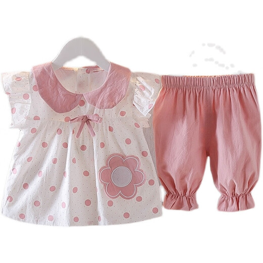 Disney de 03 años Traje de bebé de verano Summer Niña de manga corta Polka Polka delgada de 689 meses Summer de dos piezas Lindo frangipani rosa 80 cm